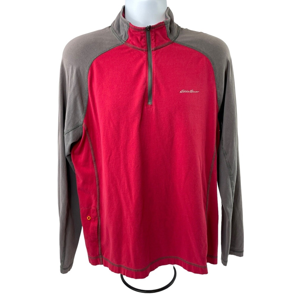 Eddie Bauer Sweater Mens Large Red Gray 1/4 Zip L/S Pullover Active FreeDry